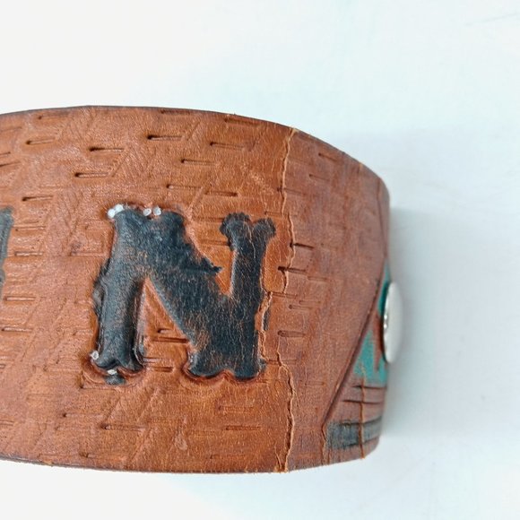 Vintage Leather Cuff Bracelet Western Rockabilly Lin Turquoise Teepee Distressed - Picture 4 of 11